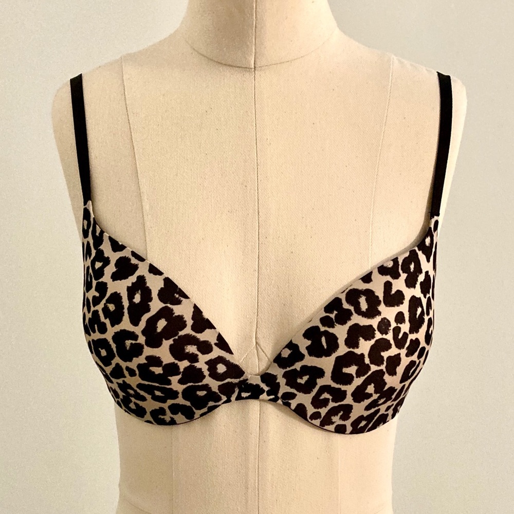 H&M Push Up Bra 32D Leopard Print Black Strap